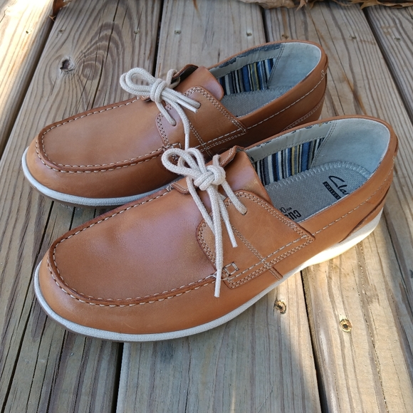 Clarks | Fallston Tan Leather Boat Shoes Cushion Ortholite Men's Size 10 - Picture 1 of 16